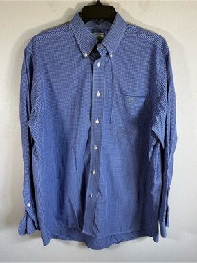 Mens 42 Blue Micro Plaid Lacoste Preppy Business Casual Church Office Button Up